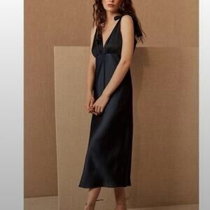 NWT Sachin & Babi Navy Blue Silk Charmuese Tie Strap Plunge neck MIDI Dress in 4